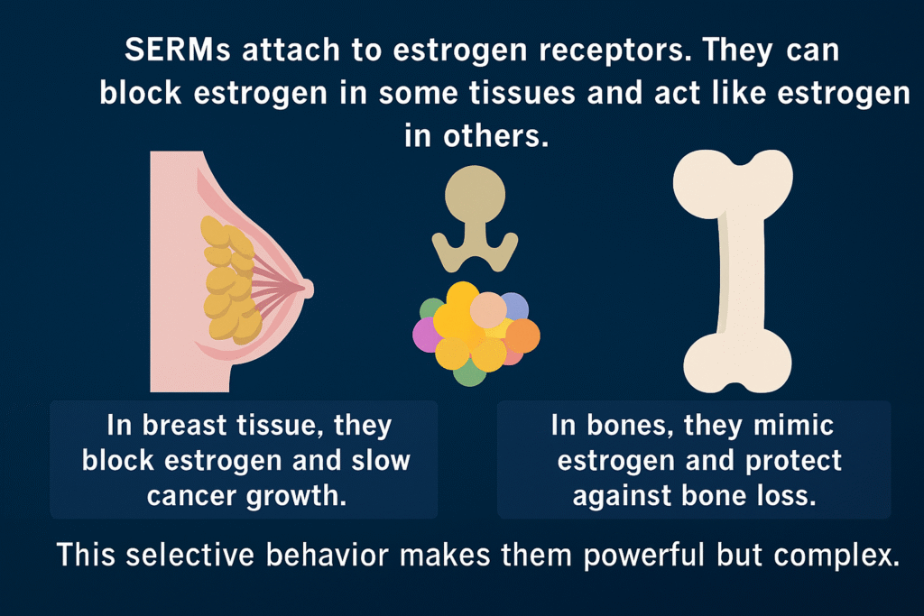 SERMs Explained: Benefits, Side Effects, and Fitness Risks illustration showing