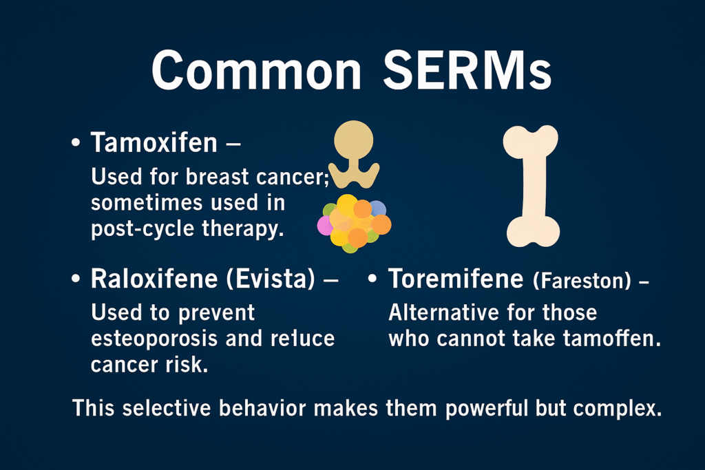 SERMs Explained: Benefits, Side Effects, and Fitness Risks infographic showing
