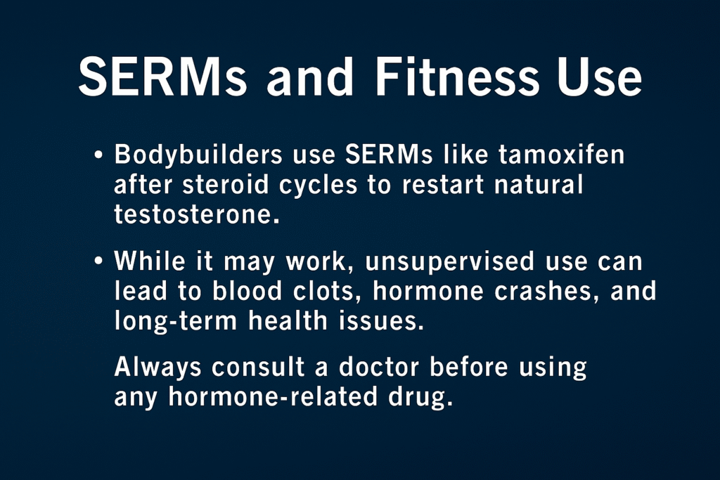 SERMs Explained: Benefits, Side Effects, and Fitness Risks infographic showing